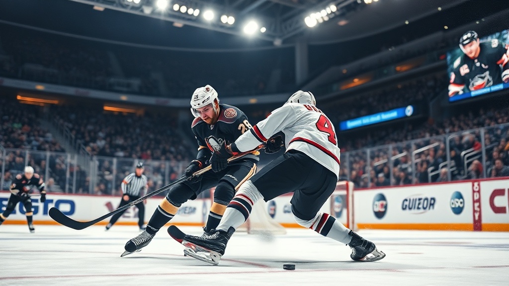 하키 경기 중 신체 접촉이 발생하는 장면